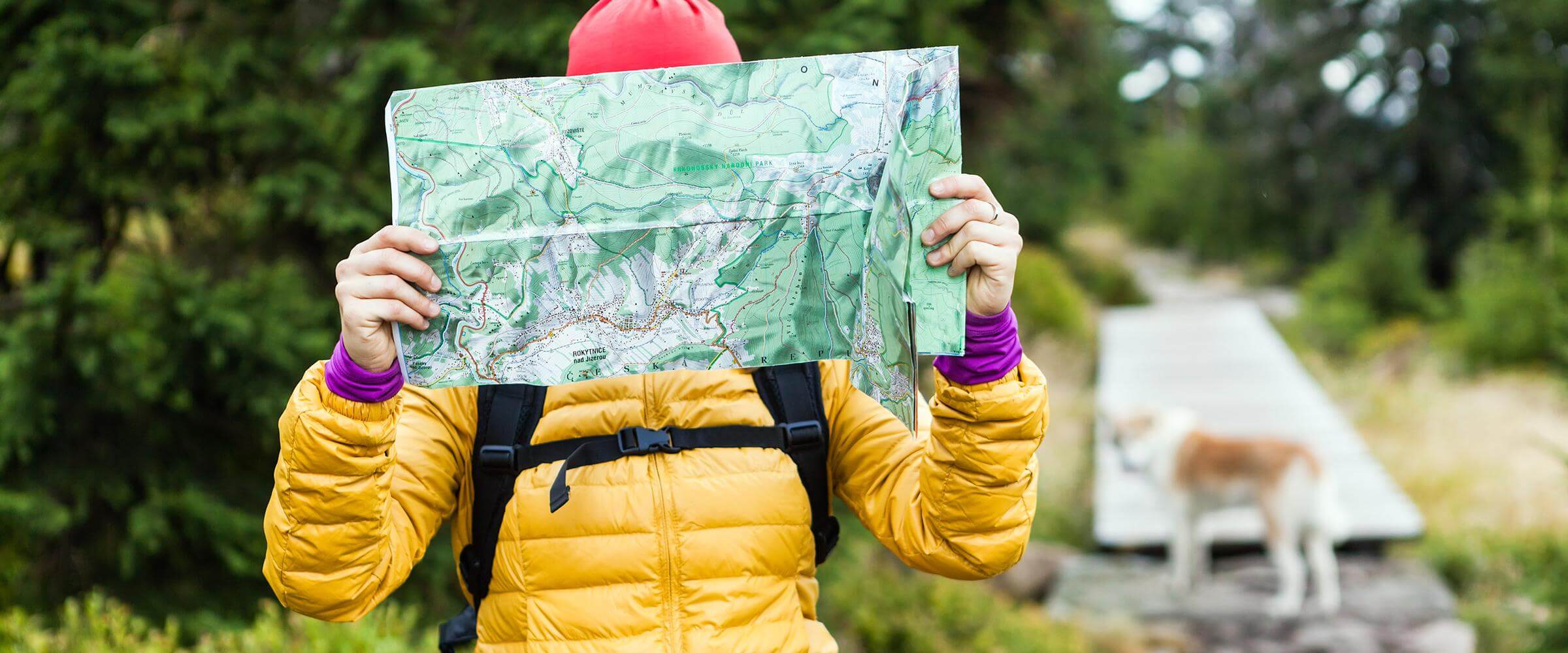 Explore the Site Map of BringFido. It will help you navigate the site to find pet-friendly places to stay, play, and eat with your dog. Explorer with Map and Dog